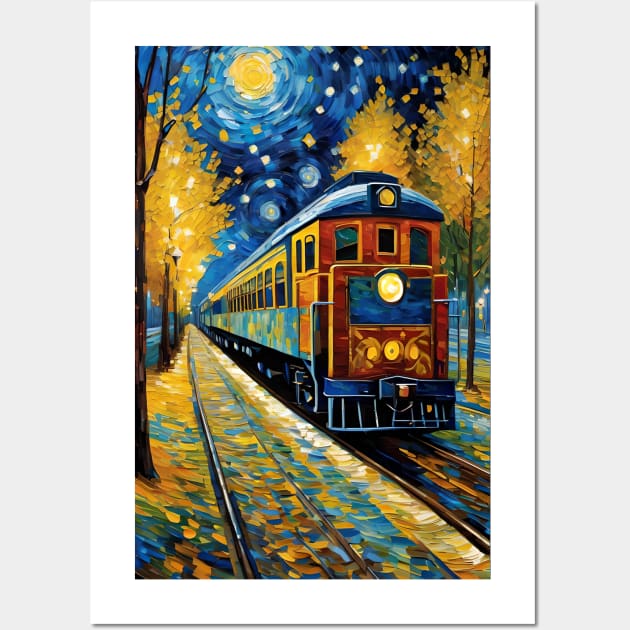 Starry night train station Wall Art by Spaceboyishere